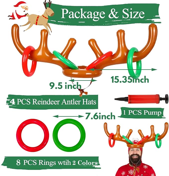 4 Pack Inflatable Reindeer Antler Ring Toss Game (4 Antlers 16 Rings 1 Pump) Reindeer Antler Hat Ring Toss for Xmas Party Great Christmas Games for Families