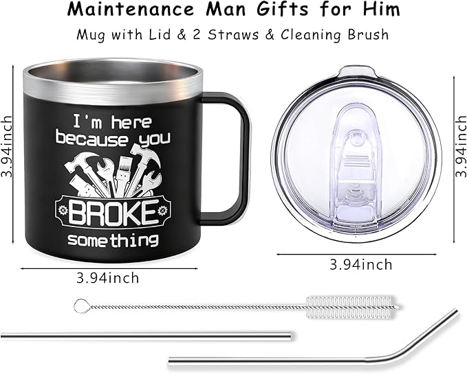 Mechanic Gifts for Men Mechanics & Handyman Dads - I'm Here Because You BROKE Something Mechanic Mug 14oz- Maintenance Man Gifts Vacuum Insulated Stainless Steel Cup with Handle