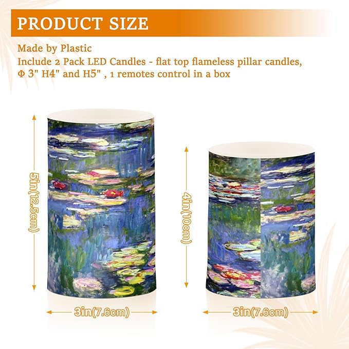 ALAZA Monet Painting Flickering Flameless Candles Battery Operated with Remote Timer,Tea Light Candles LED Pillar Votive Candles Set of 2 for Outdoor Indoor Decorations