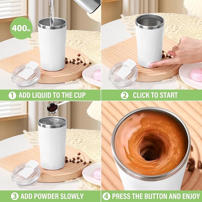 hatisan Self Stirring Coffee Mug With Lid Electric High Speed Self Stirring Mug 400ml Rechargeable Detachable Stainless Steel Self Stirring Cup for Coffee, Milk, Cocoa Christmas Gift(White)