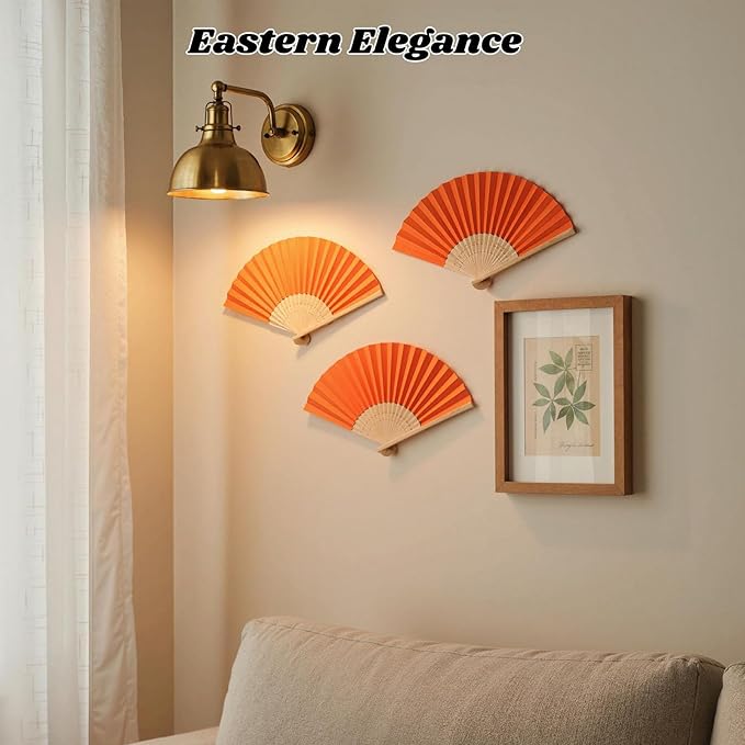 JOHOUSE 12 Packs Paper Folding Hand Fans, 8.3 Inch Orange Paper Fans Handheld Decorative Accessories for Wedding, Outdoor Party Favors, Bridal Shower DIY Decoration Photography Props
