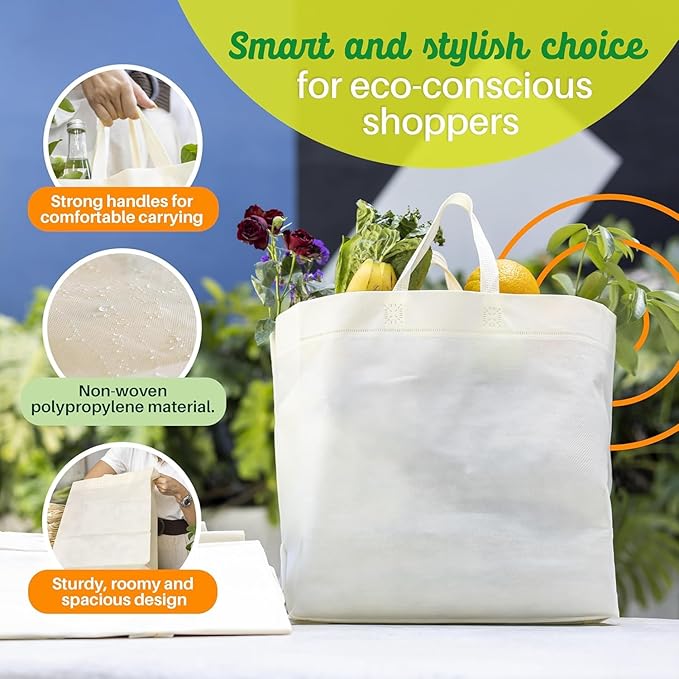 Simply Cool 200 Pack Reusable Eco-Friendly Grocery Shopping Bags 12.6"x6.3"x11.8" Durable, Recyclable, Washable, Foldable, Portable Tote Bags Bulk (Cream)