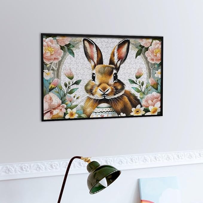 Wooden Puzzle - Easter Bunny with Flower Easter Egg Jigsaw Puzzles，Wooden Puzzles for Adults 300 Pieces Challenge Puzzles，Educational Games，Family Puzzles，Unique Gifts for Wall Art