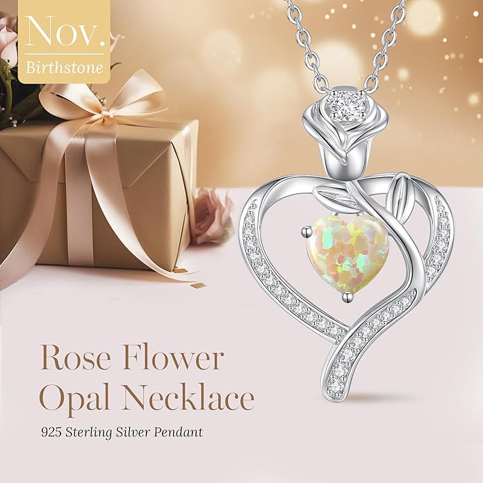 LOUISA SECRET Rose Flower Heart Birthstone Necklaces for Women, 925 Sterling Silver Fine Jewelry, Pendant Heart Necklaces Birthday Anniversary Christmas Gift for Women Wife Mom Girlfriend Lady