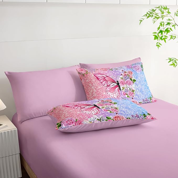 Butterfly Comforter Set (7 Piece) - Queen Size, Floral Pink Purple Bedding, Girls/Teens, Soft Microfiber, Sheets/Pillowcases Included