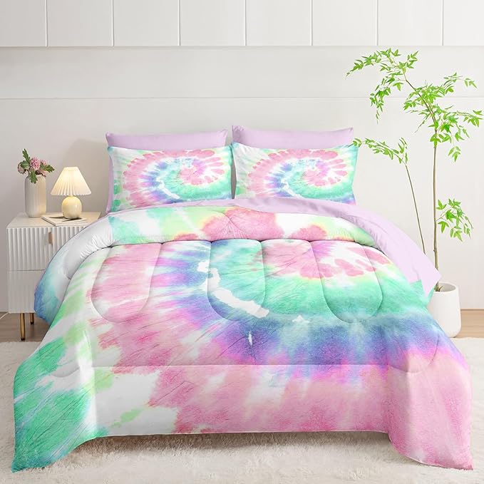 7Pcs Comforter Set Blue Pink Green Spiral Printed Bedding Set with 1 Comforter, 1 Flat Sheet, 1 Fitted Sheet and 4 Pillowcases for Boys and Girls Bedroom All Season(Spiral Full)