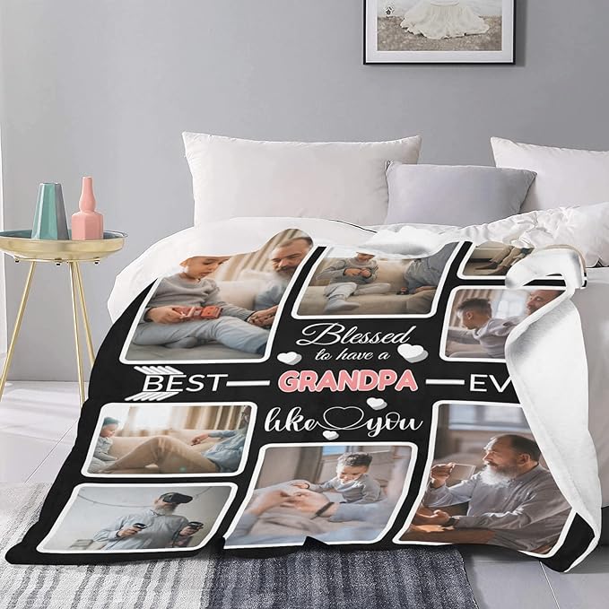 Custom Blanket Gifts with Photos, Personalized Bed Throws for Grandpa, Custom Souvenir Throw Blanket for Best Grandpa Ever, 8 Collages Made in USA