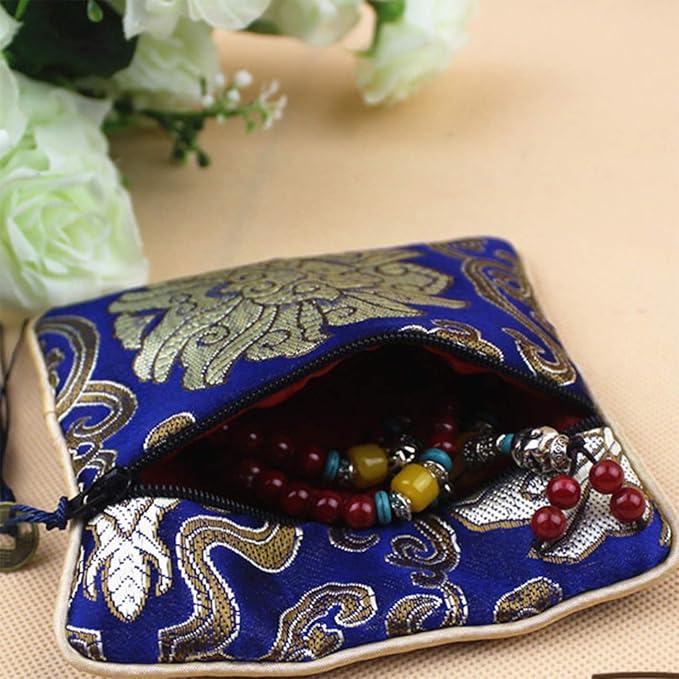 NHW EAVOQLB 16 pcs Traditional Brocade Embroidery Fringed Wallet Zipper Jewelry Bag Value Set
