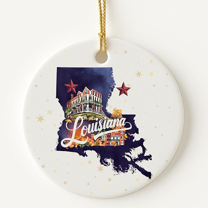 USA State Landmark Ceramic Ornament – Round Glossy Christmas Decoration Featuring U.S. State Art, Landmarks & Holiday Scenery – Collectible Travel Souvenir Ornament Series (Louisiana)