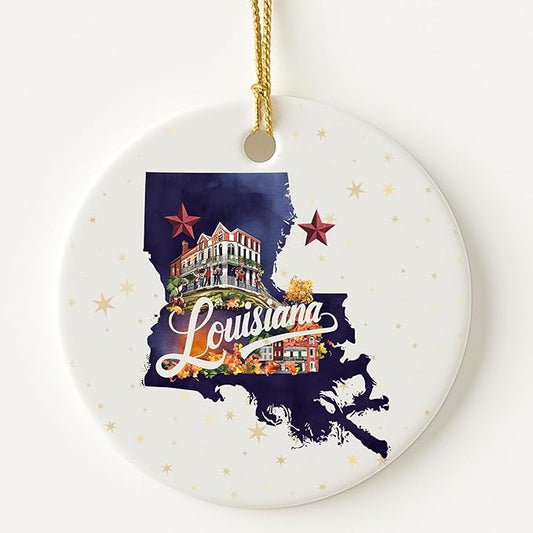 USA State Landmark Ceramic Ornament – Round Glossy Christmas Decoration Featuring U.S. State Art, Landmarks & Holiday Scenery – Collectible Travel Souvenir Ornament Series (Louisiana)
