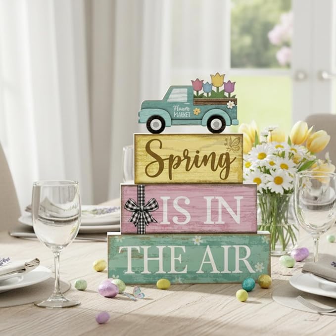 4 Pcs Spring Table Decor Wooden Blue Truck Decoration Flower Centerpiece Spring Tiered Tray Decor Decorative Colorful Flower Block Signs Gift Farmhouse Decoration for Home Kitchen