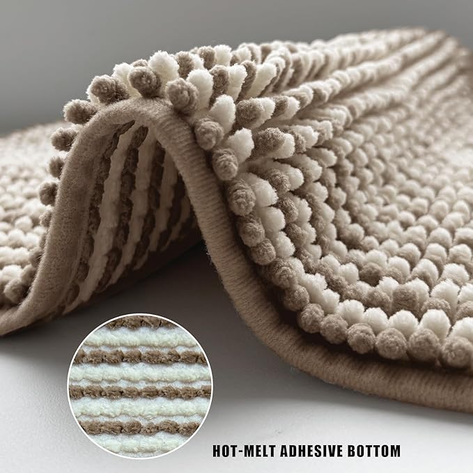 HDFK Bath Mat & Bathroom Rug - Oversized Chenille Soft, Quick-Dry Non-Slip Shower Carpet with Hot Melt Adhesive Base, Machine Washable Striped Design for Bathtub Floors (32x20 Inch, Tan & White)