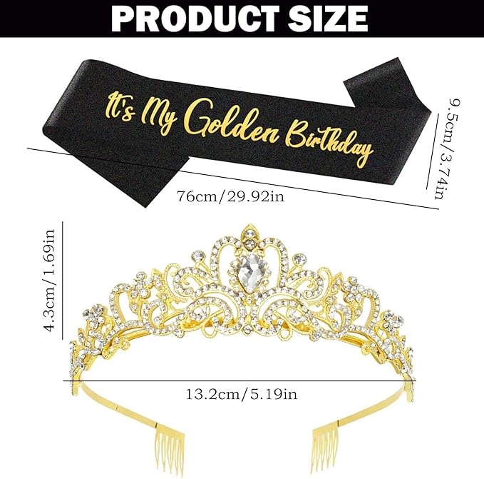 2Pcs Golden Crown Birthday Party Sash Decoration, Birthday Party Decorations Gifts Supplies Exquisite Golden Crown & Sash Decor Supplies for Women, Easy to Store