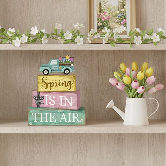 4 Pcs Spring Table Decor Wooden Blue Truck Decoration Flower Centerpiece Spring Tiered Tray Decor Decorative Colorful Flower Block Signs Gift Farmhouse Decoration for Home Kitchen