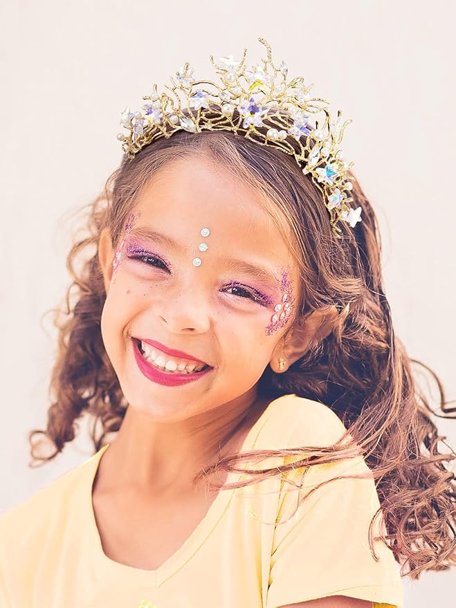 SWEETV Mermaid Tiara for Girls Women, Gold Princess Crown Diadem, Jeweled Headpiece Costume Hair Accessories for Birthday Prom Quinceanera Halloween