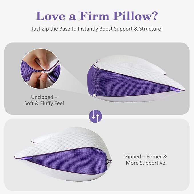 HOMELAB Adjustable Crescent Shredded Memory Foam Pillows King Size, Cooling Bed Pillows for Sleeping with Removable Cover, 1 Pack Medium Pillow for Side Sleepers, 20"x34"