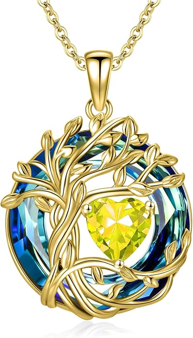 TOUPOP Tree of Life Birthstone Necklace 925 Sterling Silver Pendant Austrian Crystal Jewelry Anniversary Valentine's Day Birthday Gifts for Women Mom Her Wife