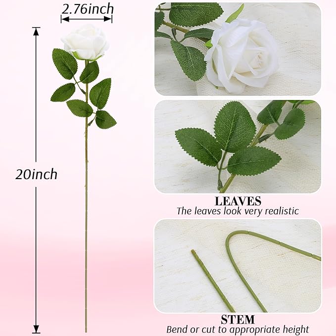 Roses Artificial Flowers, Silk Roses with Stems for Wedding Bridal Bouquets, Valentine Anniversary Mother's Day Get Well Hostess Housewarming Gifts, Indoor Outdoor Decor Party Centerpiece (12, White)