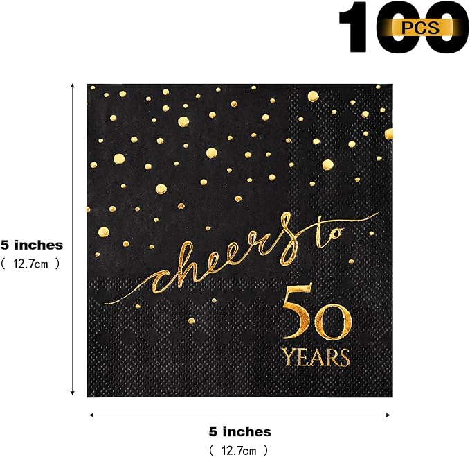 100 Pack of 50th Birthday Napkins, Cheers to 50 Cocktail 5x5 Inches Party Paper Napkins for Birthday Decorations Wedding Anniversary Black and Gold, 3-Ply