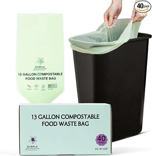 PurplePlumeria 13 Gallon Compostable Trash Bags - BioBased - Extra Strength - Plant-Based Plastic - Eco-Friendly, Sea Green