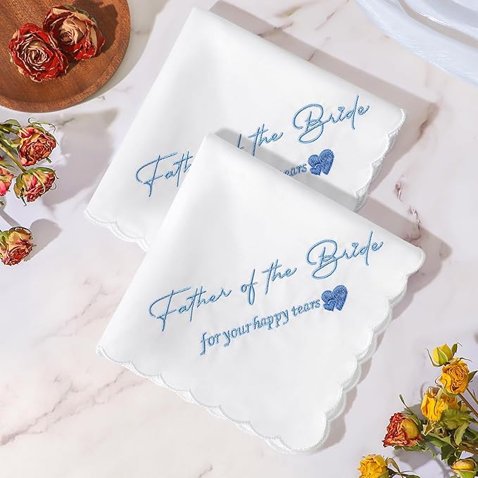 Wedding Handkerchief Something Blue for Bride, Mother Father of the Brides Groom Gifts, Embroidered Happy Tears Cotton Hanky