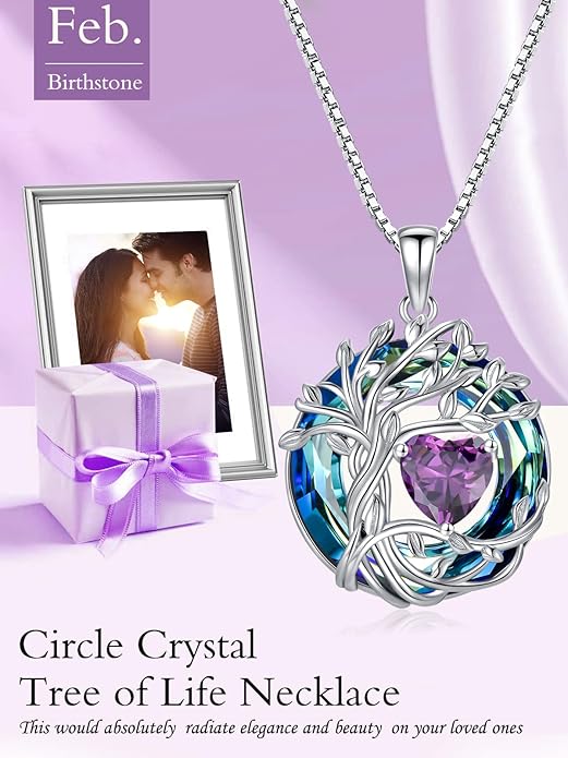 TOUPOP Tree of Life Birthstone Necklace 925 Sterling Silver Pendant Austrian Crystal Jewelry Anniversary Valentine's Day Birthday Gifts for Women Mom Her Wife