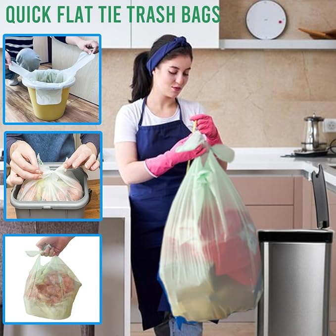 BEIDOU-PAC 8-10 Gallon Flap Tie Compostable Trash Bags, 60 Count, Compost Bags Kitchen Trash Bags, Sturdy Biodegradable Garbage Bags Food Scrap Waste Bags, ASTM D6400, US BPI Certified