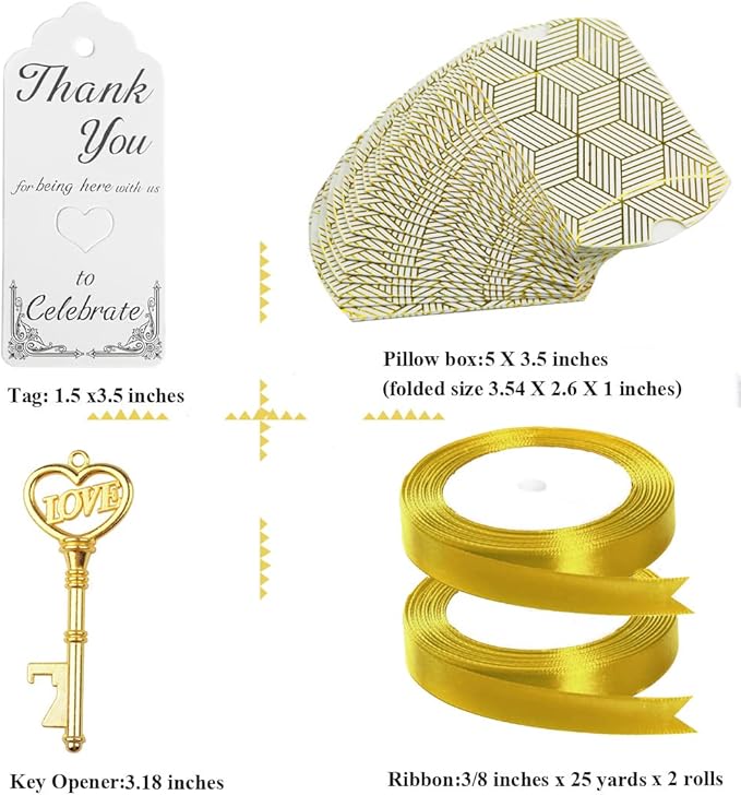 Aokbean 50 pcs Vintage Skeleton LOVE Key Bottle Openers Pillow Candy Box Escort Thank You Tag French Ribbon Wedding Souvenir Gift for Guest (Gold)