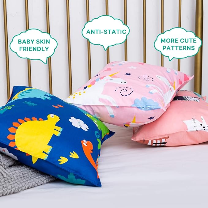 Cottonblue Toddler Pillow, Kids Pillows for Sleeping 14 x 19 Inches, Kids Pillow with Soft Cotton Pillowcase, Machine Washable, Perfect for Travel Toddlers Cot, 2 Pack, Blue Dinosaur