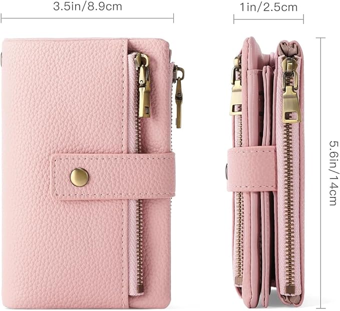 Practical Genuine Leather Wristlet Wallet for Women with Double Zipper Coin Purse and Card Organization (Pink)