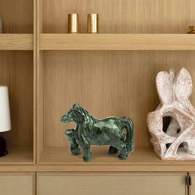gemshan Handmade Jade Horse Statue - Natural Jade Sculpture for Home Decor, Wild Animal Carved Figurine, Collection Art Tabletop Home Decor