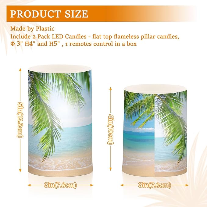 ALAZA Summer Beach with Green Coconut Trees Flickering Flameless Candles Battery Operated with Remote Timer,Tea Light Candles LED Pillar Votive Candles Set of 2 for Outdoor Indoor Decorations