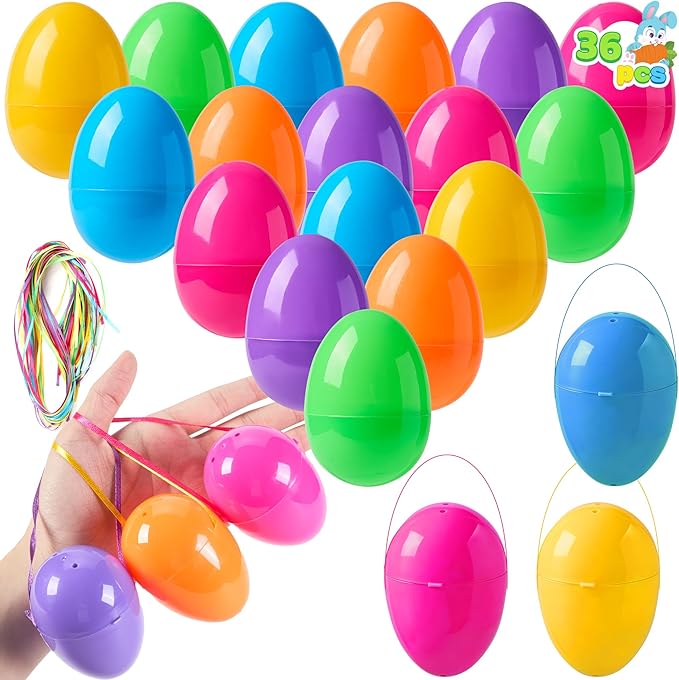 JOYIN 36 PCS 3.15" Easter Eggs with Hanging Ribbon, Colorful Plastic Eggs Empty Fillable, Bright Eggshells for Easter Hunt, Basket Stuffers, Hanging Tree Decor, Party Favor Supplies