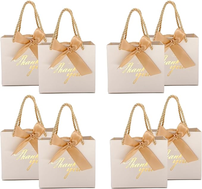TKSBAG 50 Pack Small Thank You Gift Bags with Handles, 5.5''x 2.5''x4.7'' Mini White Gift Bags Bulk for Baby Shower, Birthday, Wedding, Party Favors