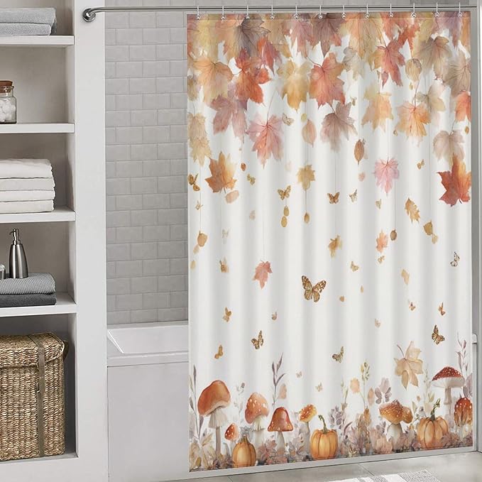 Fall Pumpkin Shower Curtain Autumn Maple Leaves Thanksgiving Harvest Waterproof Washable Fabric Bathroom Shower Curtains for Bathroom Decorations Home Indoor Decor 56x72Inch
