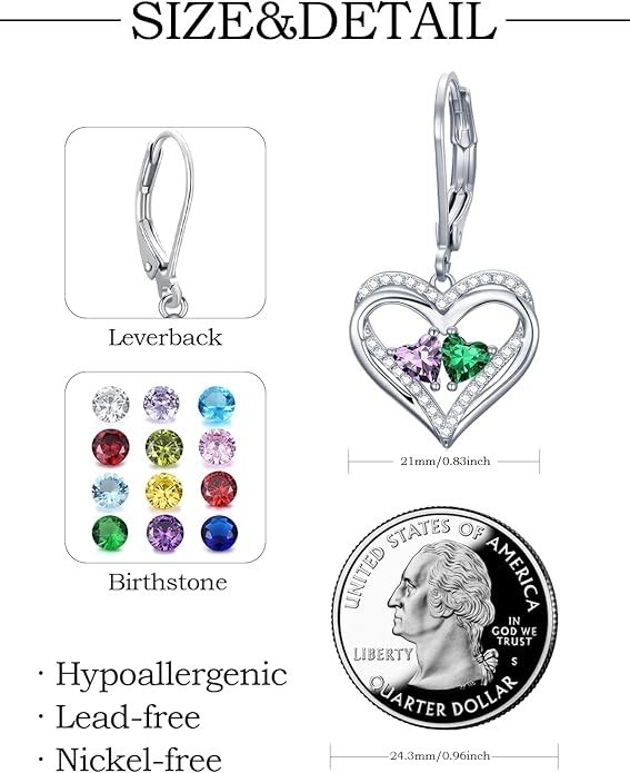 Heart Leverback Earrings Double Birthstone Dangle Earrings for Women, Love Jewelry for Her, Christmas Gifts for Women, Anniversary Birthday Gift for Mom Wife Girlfriend