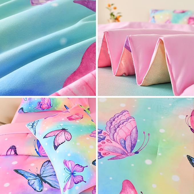 6 Pcs Bed in A Bag Twin Comforter Set for Girls,Pink Butterfly Bedding,Butterfly Comforter Sets with Sheets for Kids