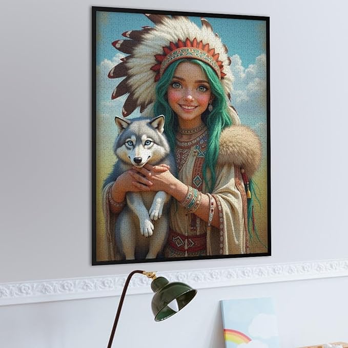 Puzzles for Adults 1000 Pieces Wooden Jigsaw Puzzle - Indian Beauty & Wolf，Native American Theme Puzzle，Party Games，Family Toys，Educational Puzzles，Stress Relief Wooden Puzzle，Home Decoration