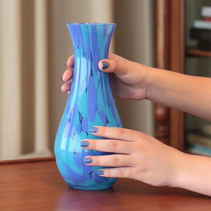 Ca D Oro Glass Vase Blue Confetti Effect Hand Blown Murano-Style Art Glass for Flower, Room Decoration and Centerpiece - Model Nº 83
