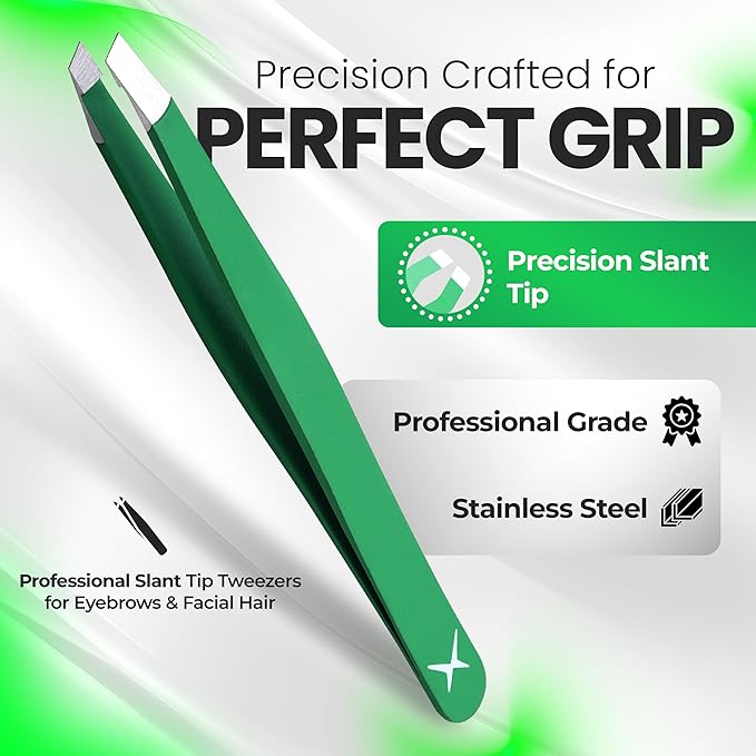 Slanted Stainless Steel Tweezers for Men & Women - Precision Eyebrow Tweezers for Facial Hairs, Strong Grip, Fine Tip, Professional Tweezer for Plucking & Grooming (Matte Forest Green)