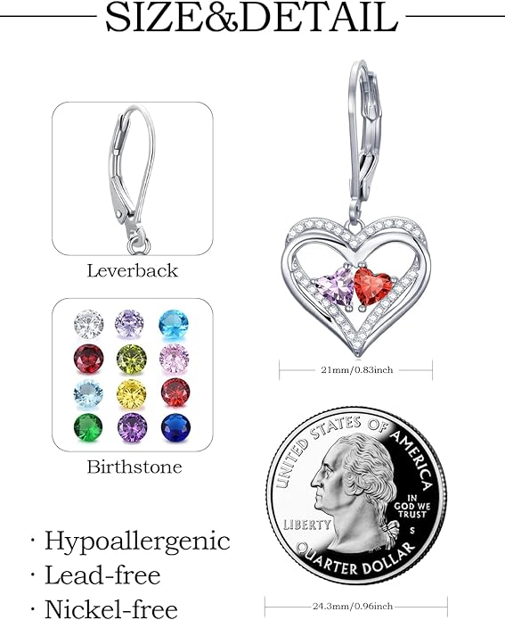 Heart Leverback Earrings Double Birthstone Dangle Earrings for Women, Love Jewelry for Her, Christmas Gifts for Women, Anniversary Birthday Gift for Mom Wife Girlfriend