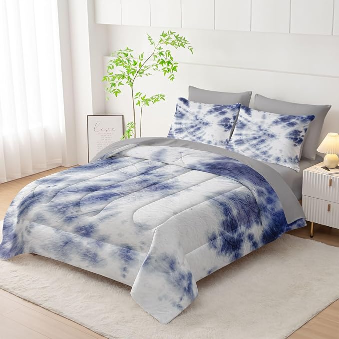 7Pcs Comforter Set Blue Tie Dye Printed Bedding Set with 1 Comforter, 1 Flat Sheet, 1 Fitted Sheet and 4 Pillowcases for Boys and Girls Bedroom All Season(Tie Dye Queen)