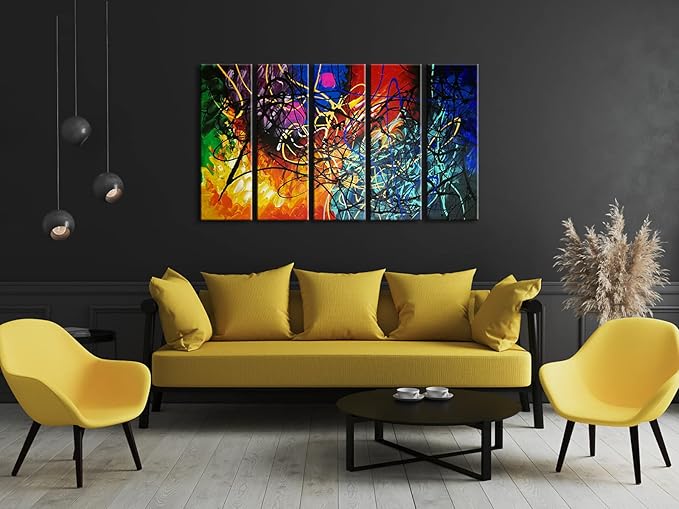 Wieco Art Colorful Abstract Heart Oil Paintings on Canvas Wall Art Ready to Hang for Living Room Bedroom Home Office Decorations Modern 5 Panel 100% Hand Painted Stretched and Framed Artwork