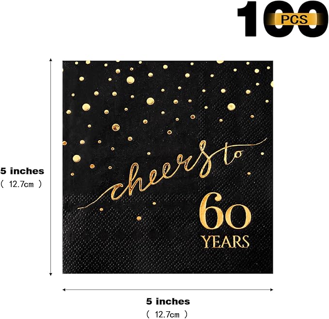 100 Pack of 60th Birthday Napkins, Cheers to 60 Cocktail 5x5 Inches Party Paper Napkins for Birthday Decorations Wedding Anniversary Black and Gold, 3-Ply