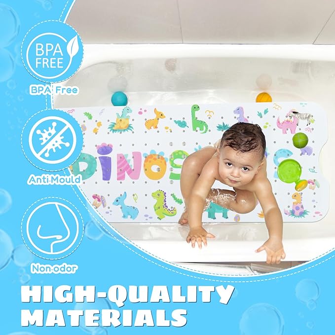 Baby Bath Mat for Tub Non Slip Kids Bathtub Mat Extra Long 40X16 Inch Toddler Bath Tub Shower Mat Anti Slip with Suction Cups & Drain Holes, Machine Washable (Dino Letters)