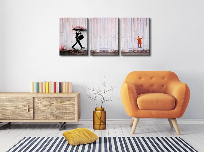 Wieco Art 3 Piece Banksy Famous Canvas Paintings Wall Art Raining day Modern Inspirational Grey Love Pictures Print Artwork for Kitchen Home Office Decor