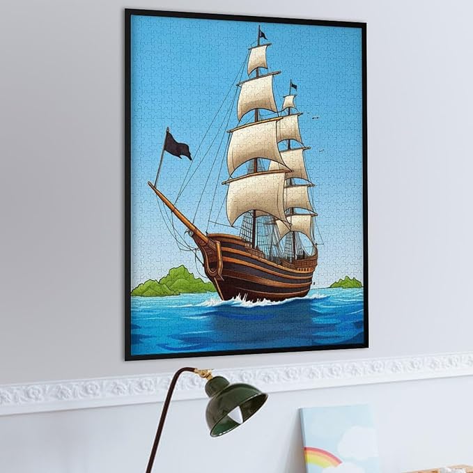 Puzzles for Adults 1000 Pieces Wooden Jigsaw Puzzle - Sail Ship Pirate Sea Island Theme Puzzle，Party Games，Family Toys，Educational Puzzles，Stress Relief Wooden Puzzle，Gifts for Family and Friends