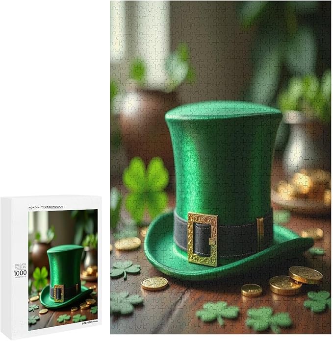 Saint Patrick's Day Green Shamrock Shamrock Hat Lucky Wooden Puzzle 1000 Pieces Jigsaw Puzzles for Adults Puzzle Educational Toys Challenging Fun Games Gifts for Elders Kids Family and Friends