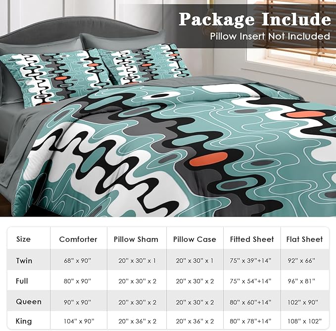 Comforter Set Full Size, Mid Century Retro Stripe 7 Pcs Bedding for Kids and Adults, Vintage Geometric Cool Bed Sheet Sets with Fitted Sheet 2 Pillowcases & 2 Shams for Bedroom Bed Decor