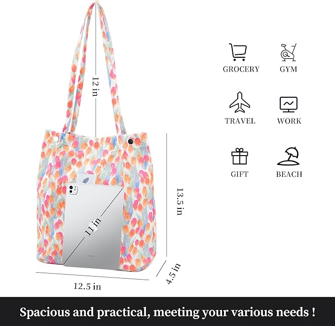 Corduroy Tote Bag Cute Tote Bags for Women Shoulder Bag with Inner Pocket for Work Beach Travel and Shopping Grocery